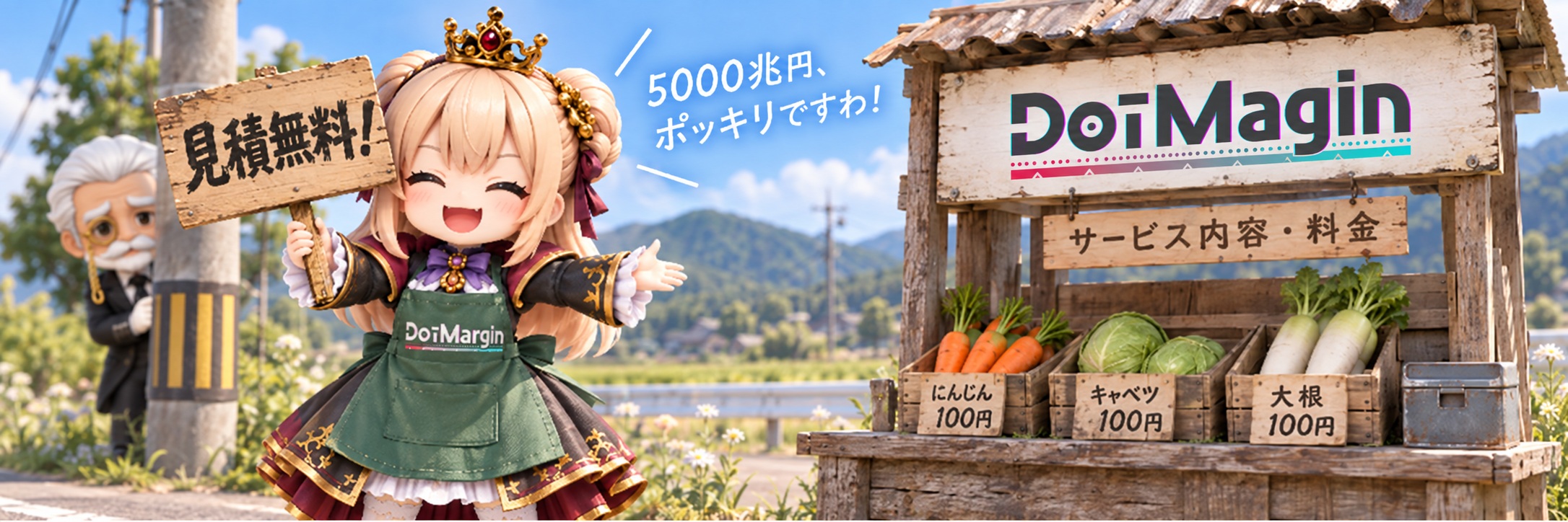 DotMarginのサービス内容・料金。見積無料の看板を持つお嬢様と、野菜直売所に立つセバスチャン